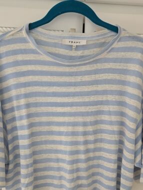 Frame Denim Light Blue and White Striped Crewneck Top